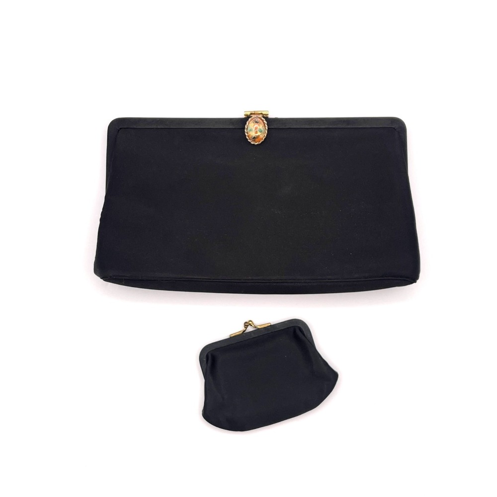 Collins Original Black Satin Evening Clutch Purse w/ Coin Bag Enamel Clasp